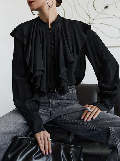 Vintage Ruffle Blouse For Women - Black Elegant Button Up Victorian Long Sleeve Top - Spring Desk-to-dinner 2026