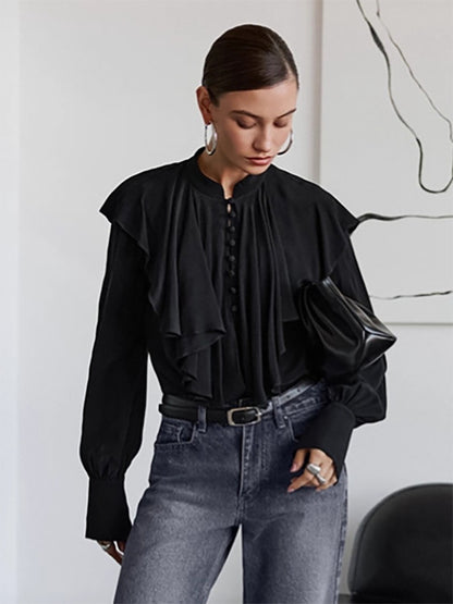 Vintage Ruffle Blouse For Women - Black Elegant Button Up Victorian Long Sleeve Top - Spring Desk-to-dinner 2026