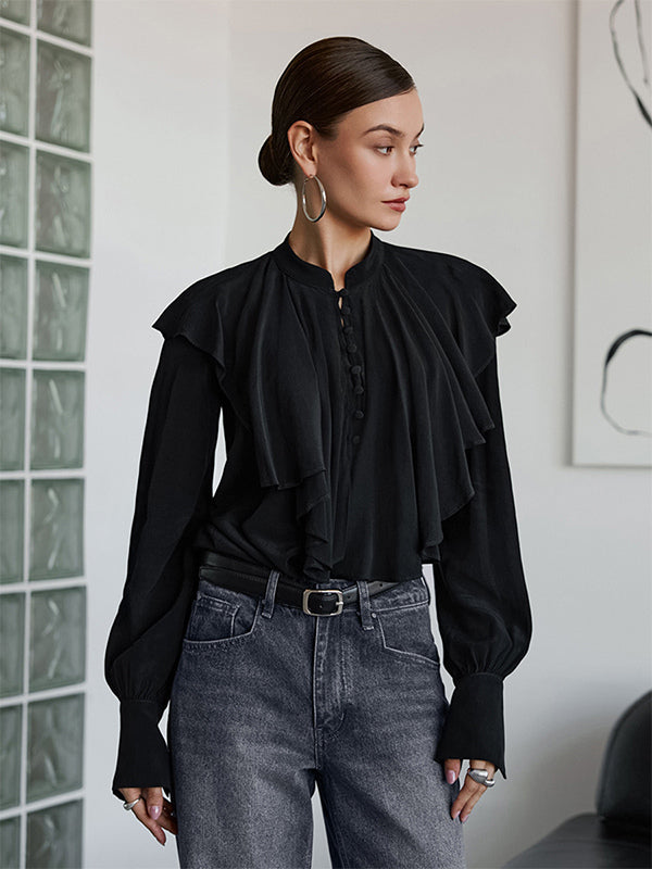 Vintage Ruffle Blouse For Women - Black Elegant Button Up Victorian Long Sleeve Top - Spring Desk-to-dinner 2026