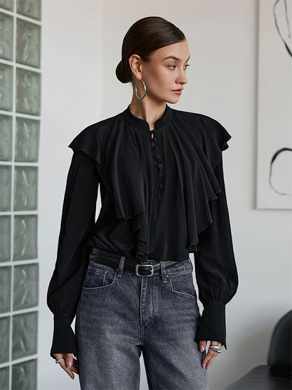 Vintage Ruffle Blouse For Women - Black Elegant Button Up Victorian Long Sleeve Top - Spring Desk-to-dinner 2026