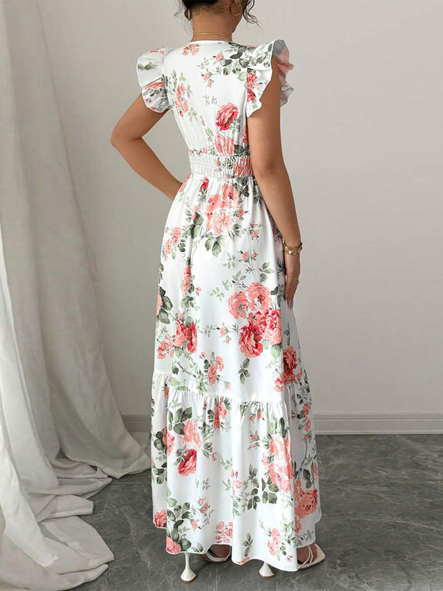 Floral Maxi Dress For Women - Smocked Waist V Neck Tiered Sun Dress - Summer Wedding Guest Party 2026