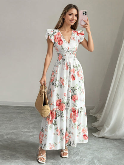 Floral Maxi Dress For Women - Smocked Waist V Neck Tiered Sun Dress - Summer Wedding Guest Party 2026