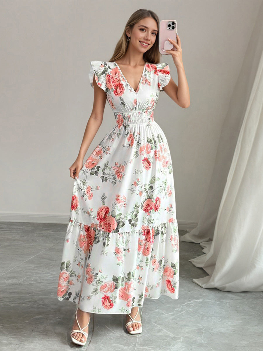 Floral Maxi Dress For Women - Smocked Waist V Neck Tiered Sun Dress - Summer Wedding Guest Party 2026