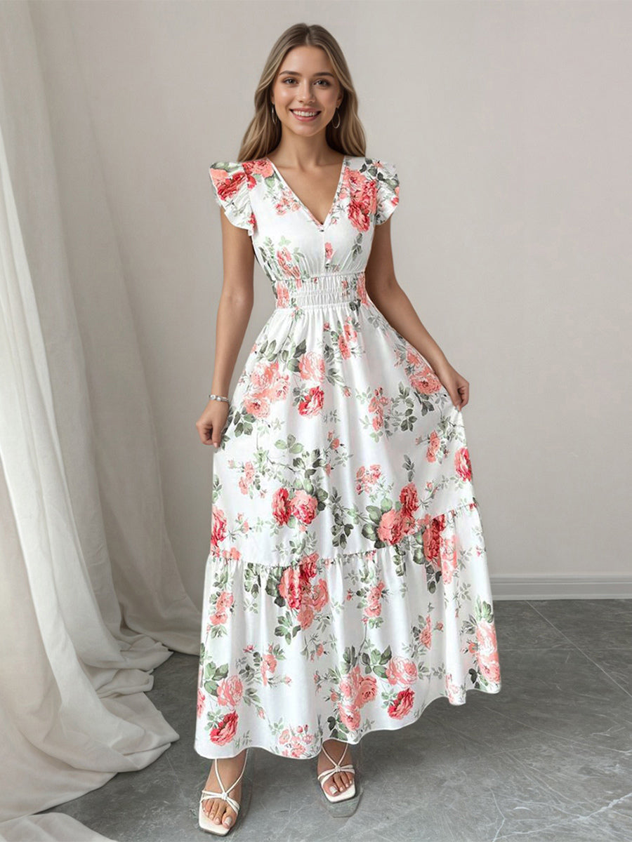 Floral Maxi Dress For Women - Smocked Waist V Neck Tiered Sun Dress - Summer Wedding Guest Party 2026