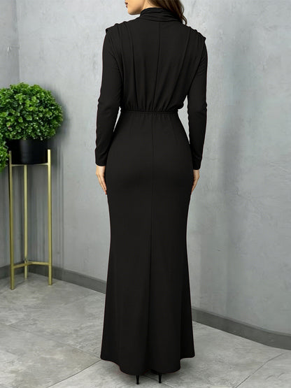 Mock Neck Maxi Dress For Women - Back Slit Long Sleeve Gown - Spring Evening Party 2026