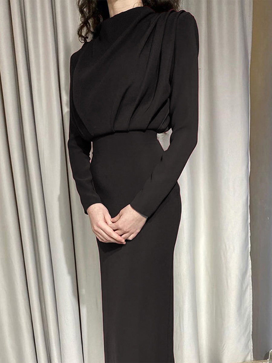 Mock Neck Maxi Dress For Women - Back Slit Long Sleeve Gown - Spring Evening Party 2026