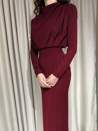 Mock Neck Maxi Dress For Women - Back Slit Long Sleeve Gown - Spring Evening Party 2026