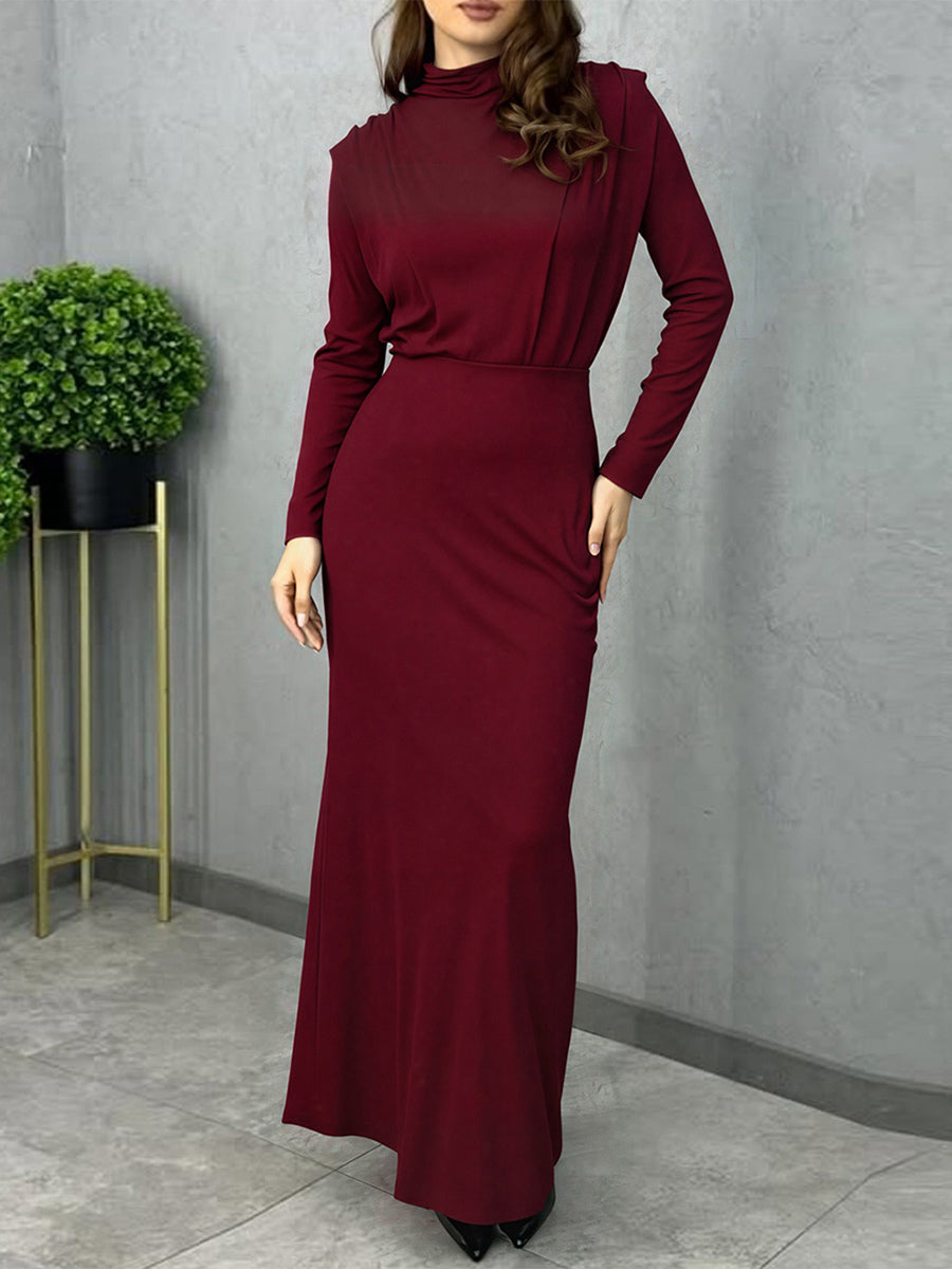 Mock Neck Maxi Dress For Women - Back Slit Long Sleeve Gown - Spring Evening Party 2026