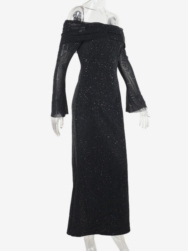 Glitter Off Shoulder Maxi Dress For Women - Sparkly Mesh Long Sleeve Mermaid Gown - Spring Gala Evening Party Outfits 2026