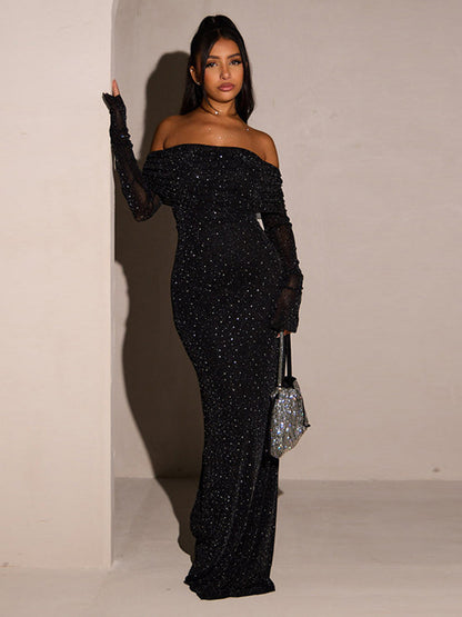 Glitter Off Shoulder Maxi Dress For Women - Sparkly Mesh Long Sleeve Mermaid Gown - Spring Gala Evening Party Outfits 2026