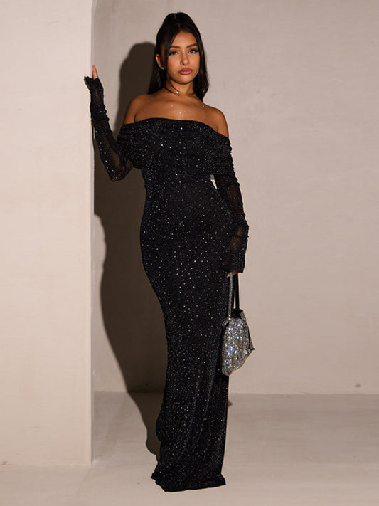 Glitter Off Shoulder Maxi Dress For Women - Sparkly Mesh Long Sleeve Mermaid Gown - Spring Gala Evening Party Outfits 2026