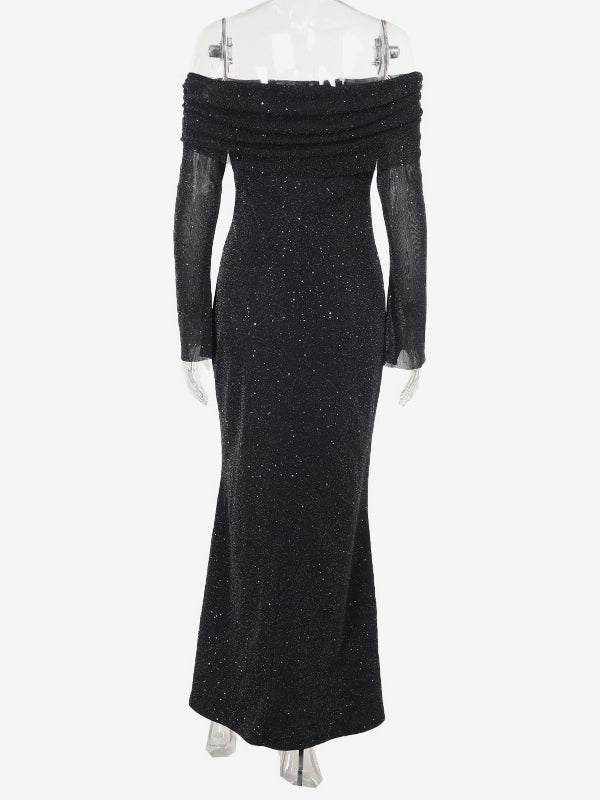 Glitter Off Shoulder Maxi Dress For Women - Sparkly Mesh Long Sleeve Mermaid Gown - Spring Gala Evening Party Outfits 2026