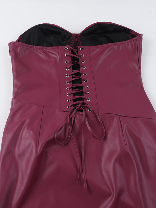 Faux Leather Corset Dress For Women - Wine Red Gothic Lace Up Back Ruched Long Dress - Summer Club Night Outfits 2026