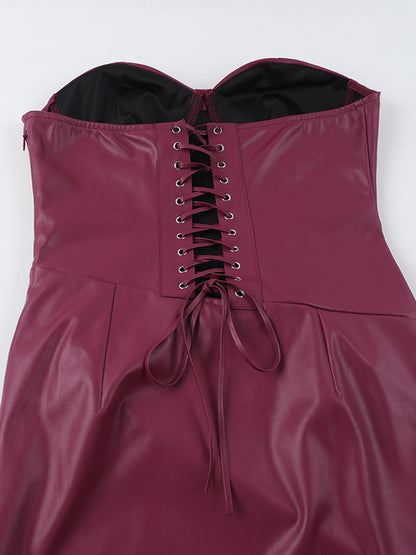 Faux Leather Corset Dress For Women - Wine Red Gothic Lace Up Back Ruched Long Dress - Summer Club Night Outfits 2026