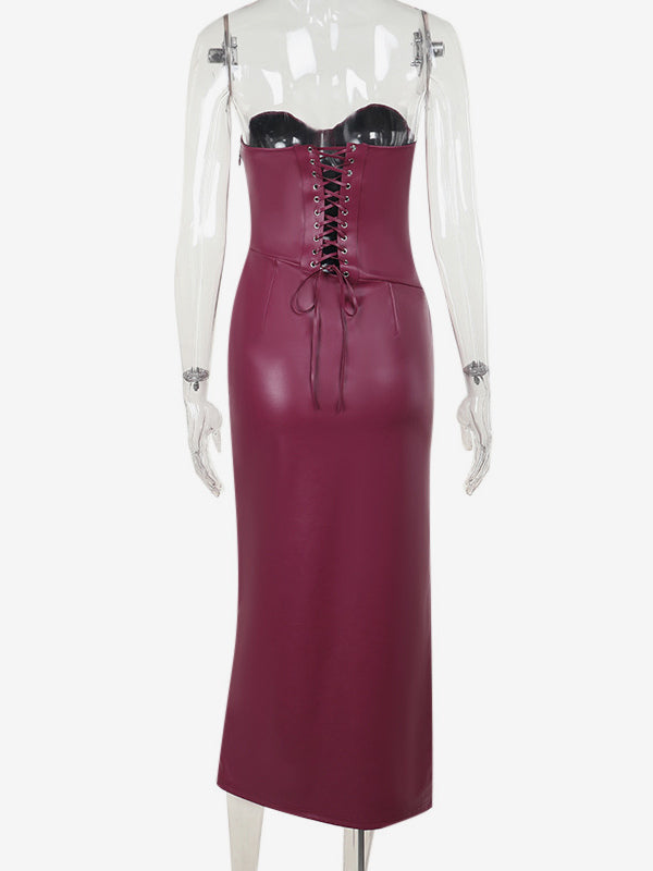 Faux Leather Corset Dress For Women - Wine Red Gothic Lace Up Back Ruched Long Dress - Summer Club Night Outfits 2026