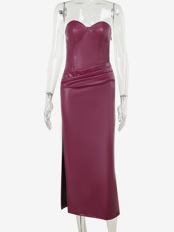 Faux Leather Corset Dress For Women - Wine Red Gothic Lace Up Back Ruched Long Dress - Summer Club Night Outfits 2026