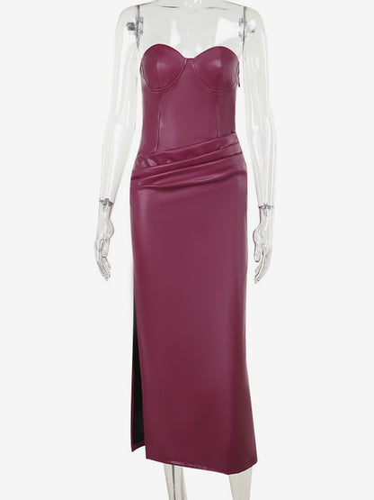 Faux Leather Corset Dress For Women - Wine Red Gothic Lace Up Back Ruched Long Dress - Summer Club Night Outfits 2026