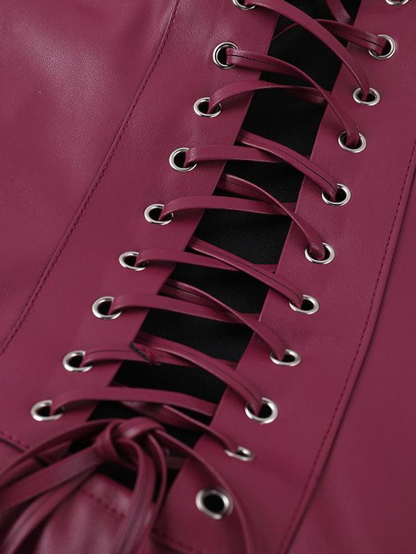 Faux Leather Corset Dress For Women - Wine Red Gothic Lace Up Back Ruched Long Dress - Summer Club Night Outfits 2026