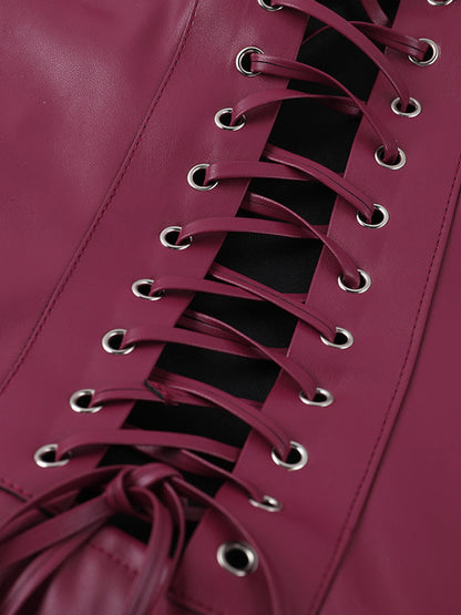 Faux Leather Corset Dress For Women - Wine Red Gothic Lace Up Back Ruched Long Dress - Summer Club Night Outfits 2026