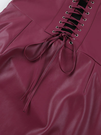 Faux Leather Corset Dress For Women - Wine Red Gothic Lace Up Back Ruched Long Dress - Summer Club Night Outfits 2026