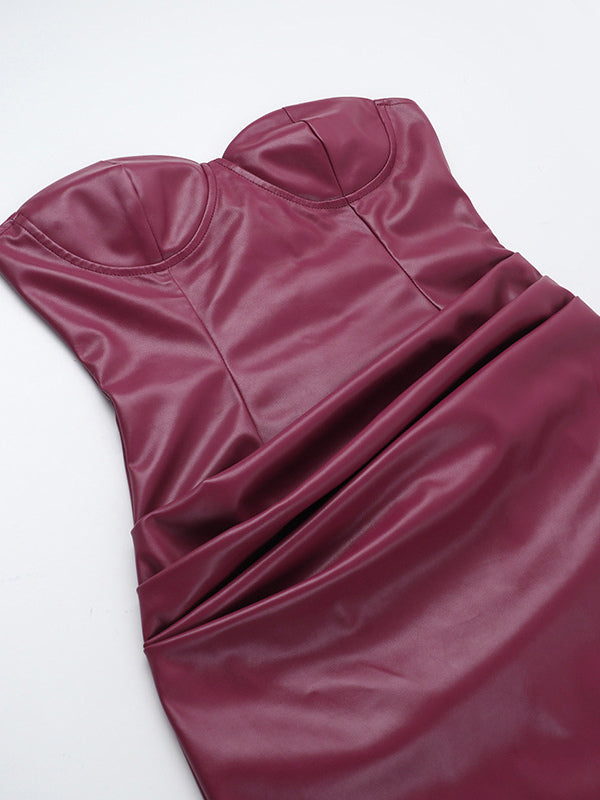 Faux Leather Corset Dress For Women - Wine Red Gothic Lace Up Back Ruched Long Dress - Summer Club Night Outfits 2026