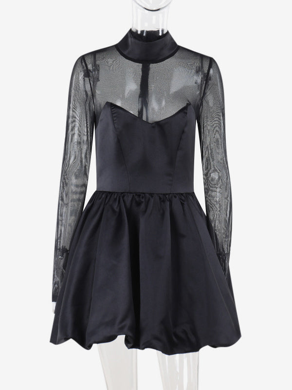 Mesh Sleeve Mini Dress For Women - Black Elegant Mock Neck Puff Skater - Spring Evening Cocktail 2026