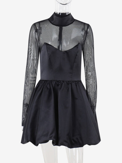 Mesh Sleeve Mini Dress For Women - Black Elegant Mock Neck Puff Skater - Spring Evening Cocktail 2026