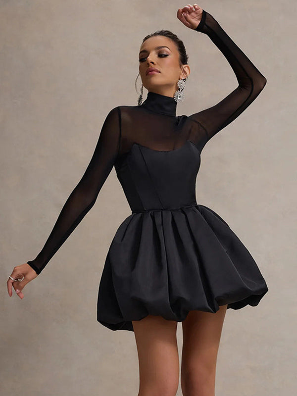Mesh Sleeve Mini Dress For Women - Black Elegant Mock Neck Puff Skater - Spring Evening Cocktail 2026