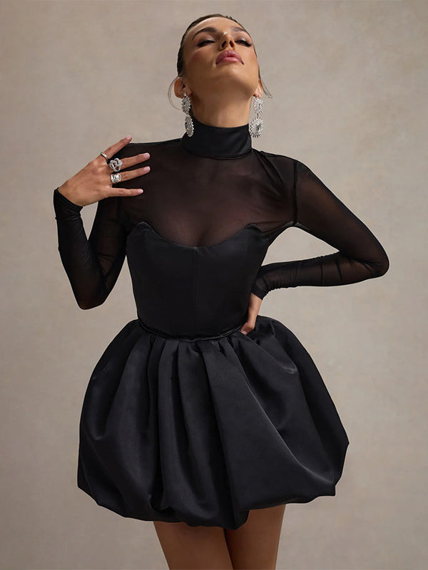 Mesh Sleeve Mini Dress For Women - Black Elegant Mock Neck Puff Skater - Spring Evening Cocktail 2026