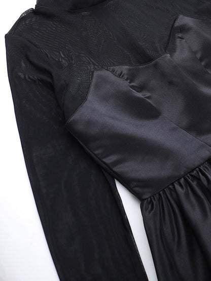 Mesh Sleeve Mini Dress For Women - Black Elegant Mock Neck Puff Skater - Spring Evening Cocktail 2026