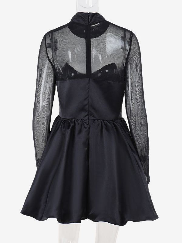 Mesh Sleeve Mini Dress For Women - Black Elegant Mock Neck Puff Skater - Spring Evening Cocktail 2026