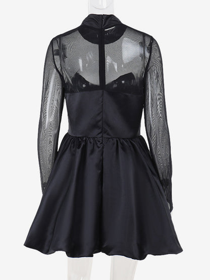 Mesh Sleeve Mini Dress For Women - Black Elegant Mock Neck Puff Skater - Spring Evening Cocktail 2026