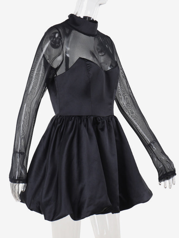 Mesh Sleeve Mini Dress For Women - Black Elegant Mock Neck Puff Skater - Spring Evening Cocktail 2026