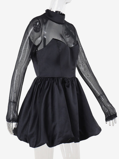 Mesh Sleeve Mini Dress For Women - Black Elegant Mock Neck Puff Skater - Spring Evening Cocktail 2026