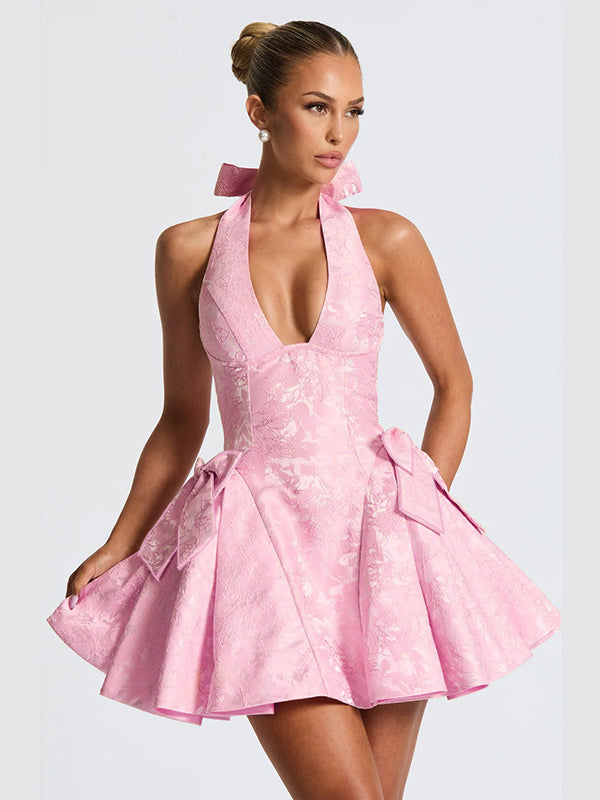 Halter Neck Jacquard Mini Dress For Women - Backless A-line Skater Dress With Big Bows - Summer Birthday Party 2026