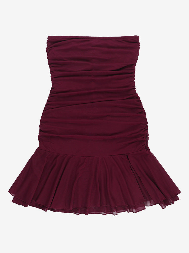 Tube Mini Dress For Women - Ruched Mesh Hem Slit Bodycon Dress - Summer Night Out Clubwear 2026