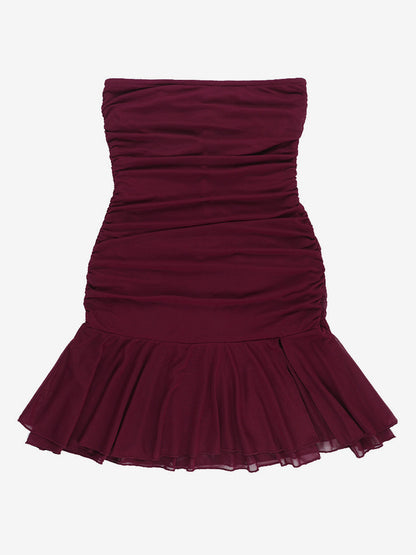 Tube Mini Dress For Women - Ruched Mesh Hem Slit Bodycon Dress - Summer Night Out Clubwear 2026