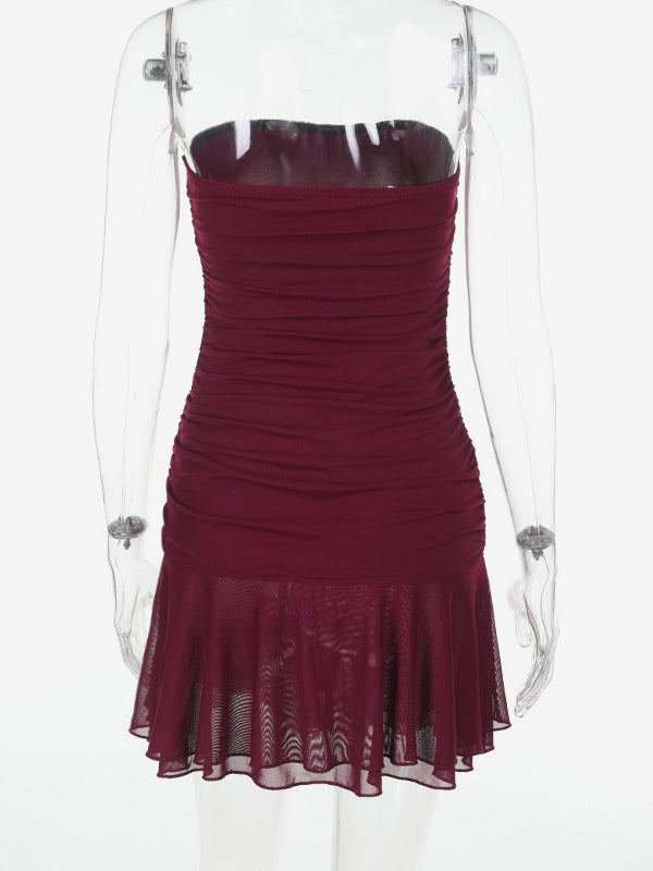 Tube Mini Dress For Women - Ruched Mesh Hem Slit Bodycon Dress - Summer Night Out Clubwear 2026
