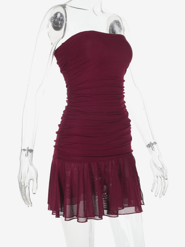 Tube Mini Dress For Women - Ruched Mesh Hem Slit Bodycon Dress - Summer Night Out Clubwear 2026