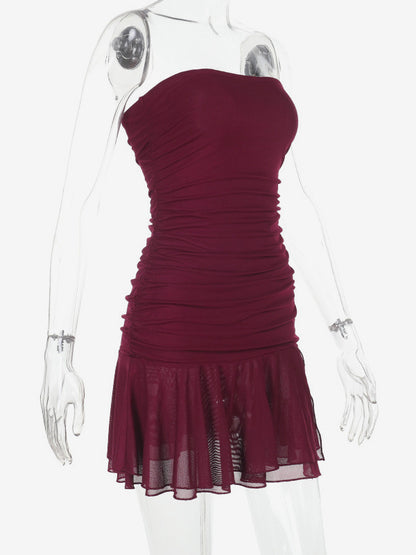 Tube Mini Dress For Women - Ruched Mesh Hem Slit Bodycon Dress - Summer Night Out Clubwear 2026