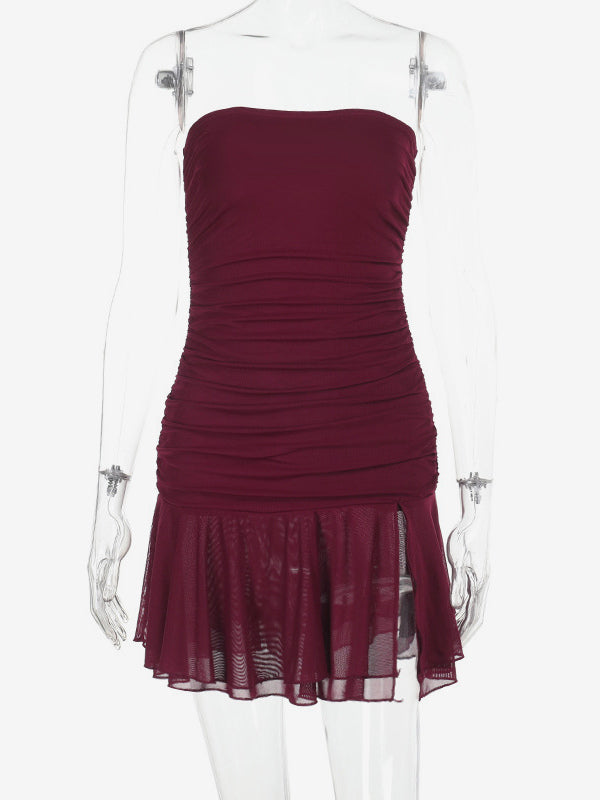 Tube Mini Dress For Women - Ruched Mesh Hem Slit Bodycon Dress - Summer Night Out Clubwear 2026