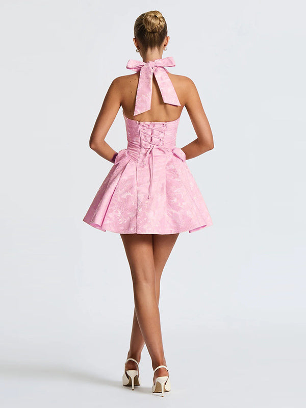 Halter Neck Jacquard Mini Dress For Women - Backless A-line Skater Dress With Big Bows - Summer Birthday Party 2026