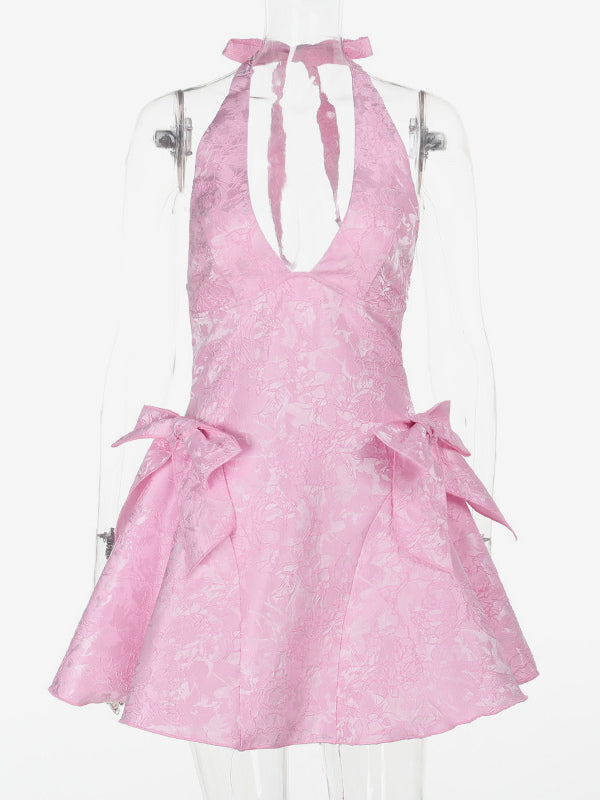 Halter Neck Jacquard Mini Dress For Women - Backless A-line Skater Dress With Big Bows - Summer Birthday Party 2026