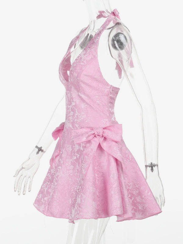 Halter Neck Jacquard Mini Dress For Women - Backless A-line Skater Dress With Big Bows - Summer Birthday Party 2026