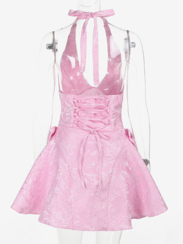 Halter Neck Jacquard Mini Dress For Women - Backless A-line Skater Dress With Big Bows - Summer Birthday Party 2026