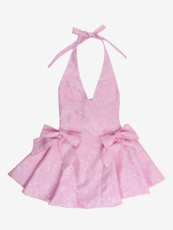 Halter Neck Jacquard Mini Dress For Women - Backless A-line Skater Dress With Big Bows - Summer Birthday Party 2026