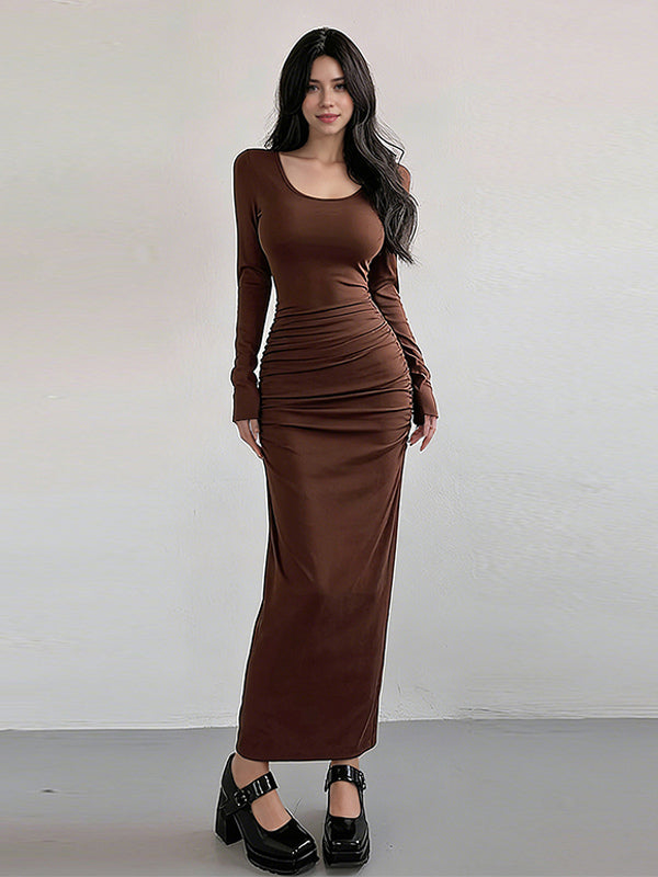 Ruched Maxi Dress For Women - Minimalist Back Slit Long Sleeve Slit Bodycon Dress - Spring Date Night 2026