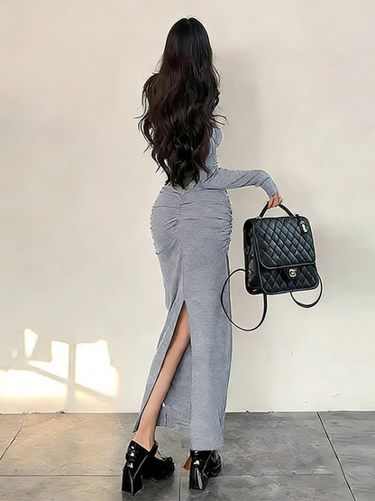 Ruched Maxi Dress For Women - Minimalist Back Slit Long Sleeve Slit Bodycon Dress - Spring Date Night 2026