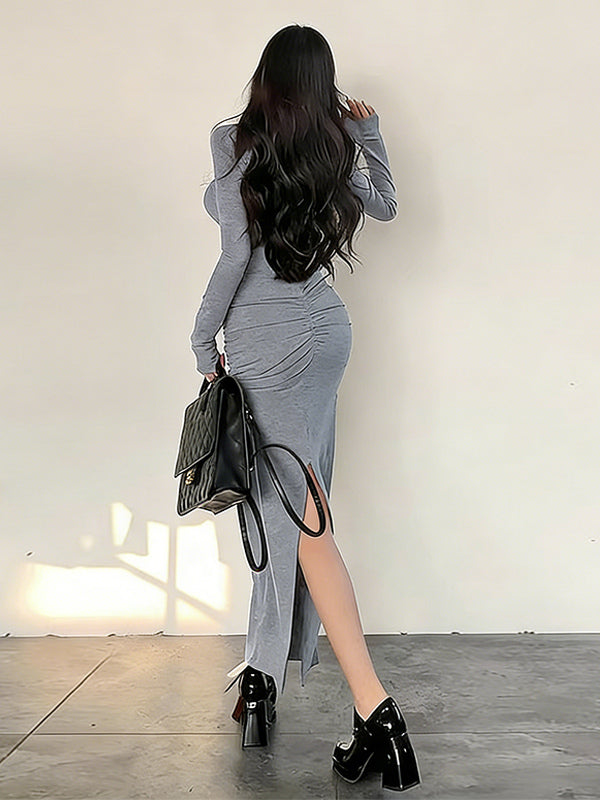 Ruched Maxi Dress For Women - Minimalist Back Slit Long Sleeve Slit Bodycon Dress - Spring Date Night 2026