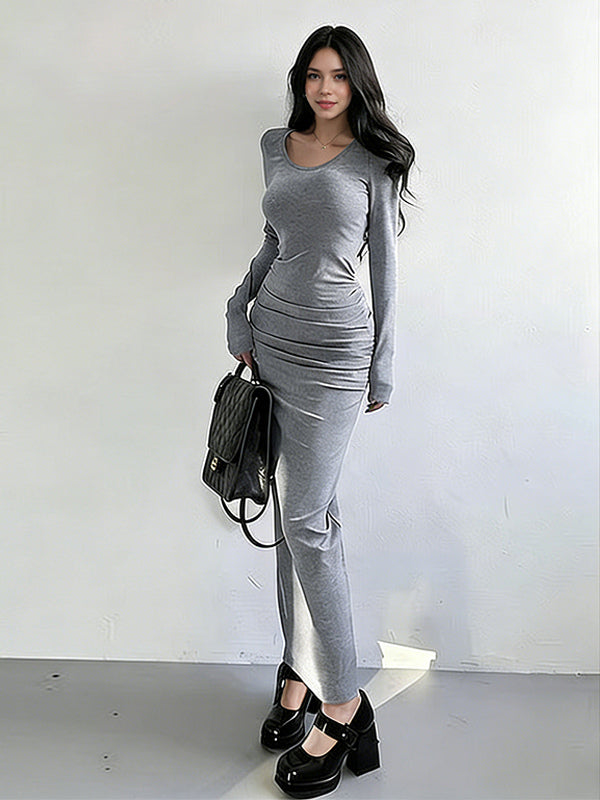 Ruched Maxi Dress For Women - Minimalist Back Slit Long Sleeve Slit Bodycon Dress - Spring Date Night 2026